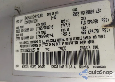 2003 Dodge Ram 2500 Slt/Laramie/St из США, поврежденный, VIN 1D7KU28D23J571381